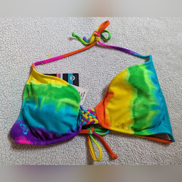 SOLD-Roxy K-Coast Sugar Shack Rainbow Tye dye Bikini Top - Picture 2 of 5